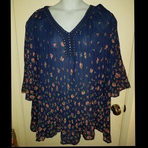 3/4 Silky Pleated Navy + Pink Floral Blouse